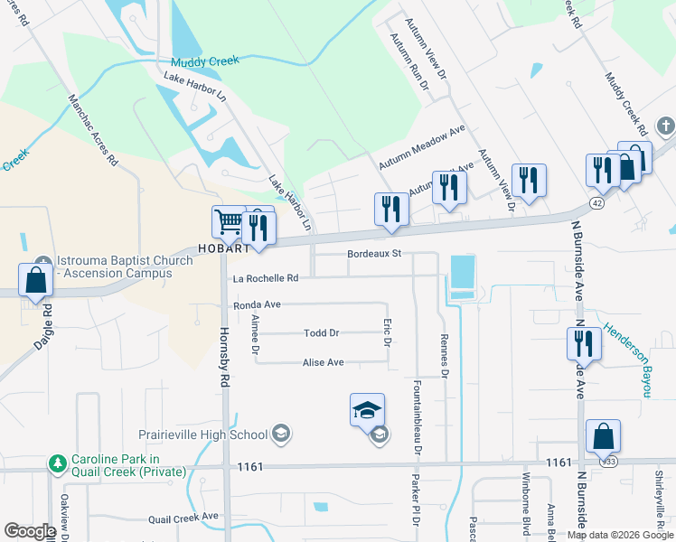 map of restaurants, bars, coffee shops, grocery stores, and more near 40193 La Rochelle Road in Prairieville