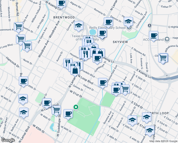 map of restaurants, bars, coffee shops, grocery stores, and more near 602 Franklin Boulevard in Austin