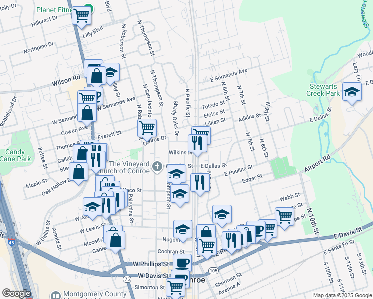map of restaurants, bars, coffee shops, grocery stores, and more near 204 West Dallas Street in Conroe