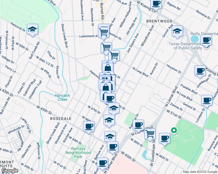 map of restaurants, bars, coffee shops, grocery stores, and more near 4914 Woodrow Avenue in Austin