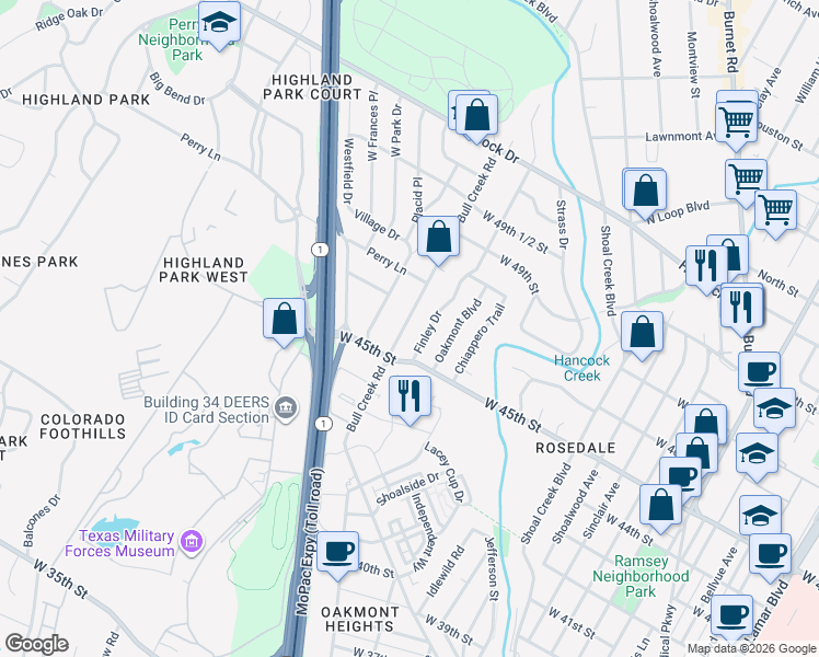 map of restaurants, bars, coffee shops, grocery stores, and more near 4507 Finley Drive in Austin