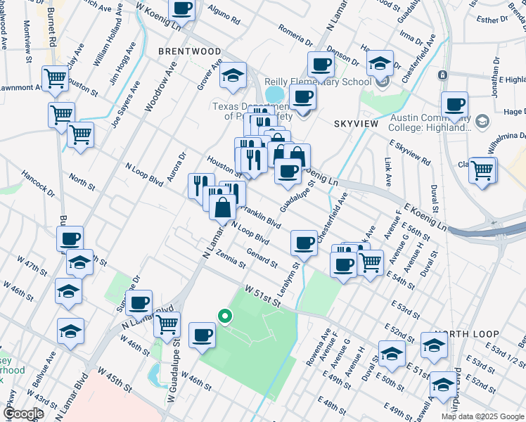 map of restaurants, bars, coffee shops, grocery stores, and more near 602 Franklin Boulevard in Austin