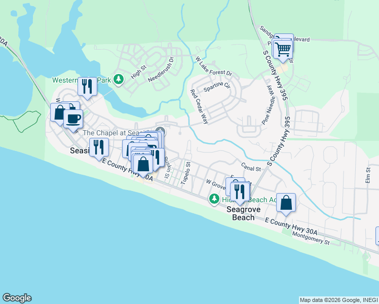 map of restaurants, bars, coffee shops, grocery stores, and more near 144 Savannah Street in Santa Rosa Beach