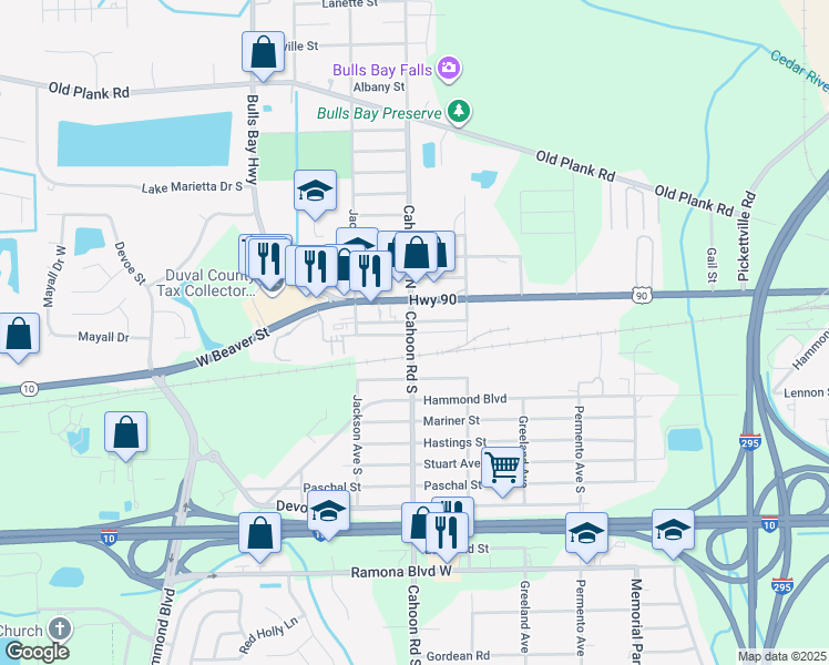 map of restaurants, bars, coffee shops, grocery stores, and more near 133 Cahoon Road South in Jacksonville