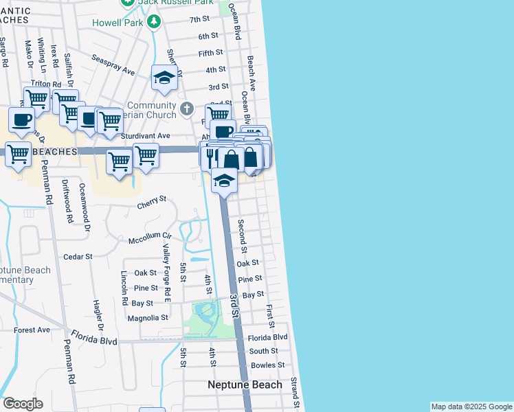 map of restaurants, bars, coffee shops, grocery stores, and more near 205 Walnut Street in Neptune Beach