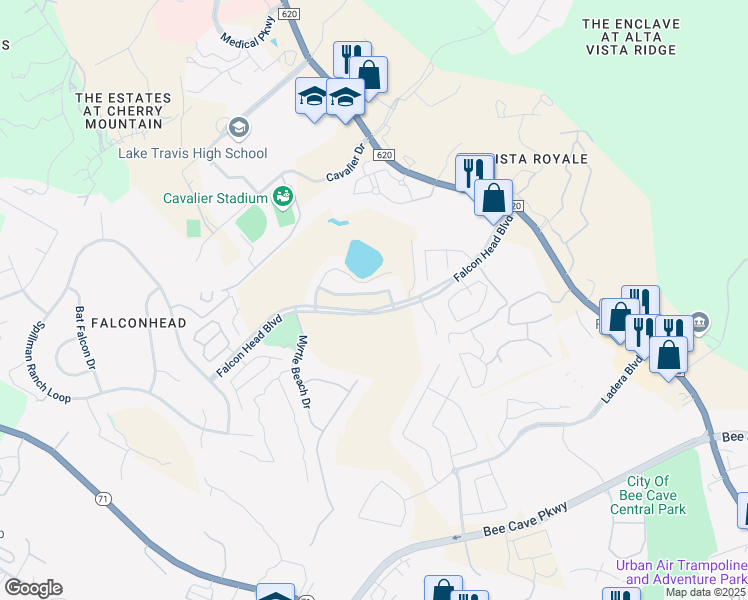 map of restaurants, bars, coffee shops, grocery stores, and more near 14413 American Kestrel Drive in Austin