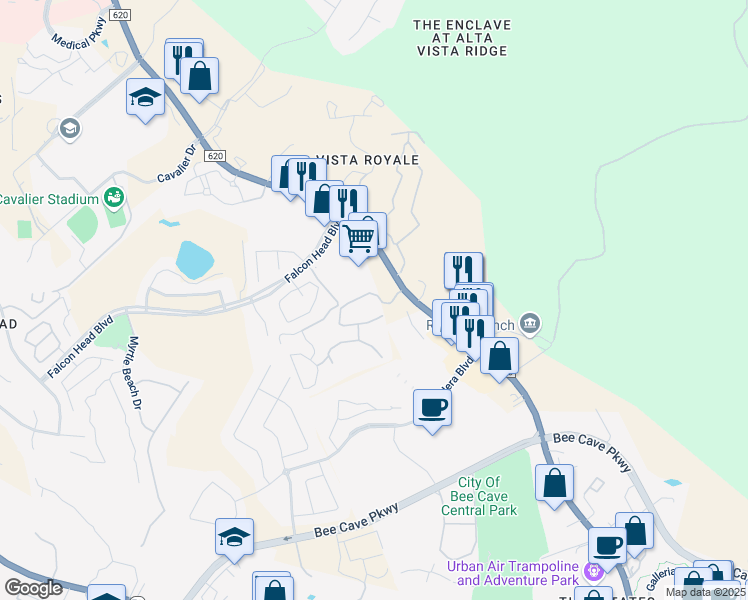 map of restaurants, bars, coffee shops, grocery stores, and more near 3544 South Farm to Market 620 Road in Bee Cave