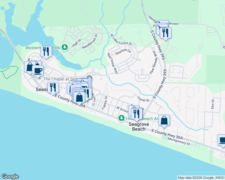 map of restaurants, bars, coffee shops, grocery stores, and more near 310 Forest Street in Santa Rosa Beach