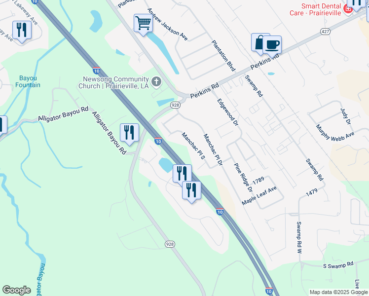 map of restaurants, bars, coffee shops, grocery stores, and more near 18239 Manchac Place South in Prairieville