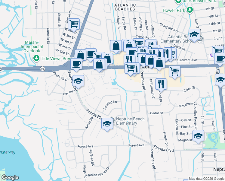 map of restaurants, bars, coffee shops, grocery stores, and more near 1007 Kings Road in Neptune Beach