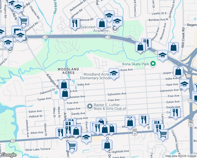 map of restaurants, bars, coffee shops, grocery stores, and more near 7922 India Avenue in Jacksonville