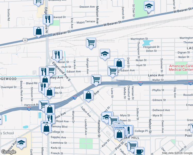map of restaurants, bars, coffee shops, grocery stores, and more near 542 Arnau Terrace in Jacksonville