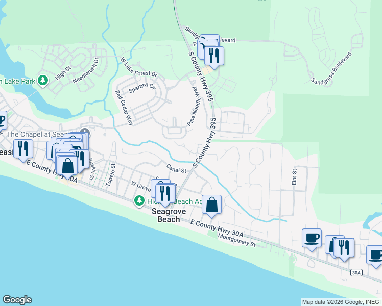 map of restaurants, bars, coffee shops, grocery stores, and more near 15 Hammock Lane in Santa Rosa Beach