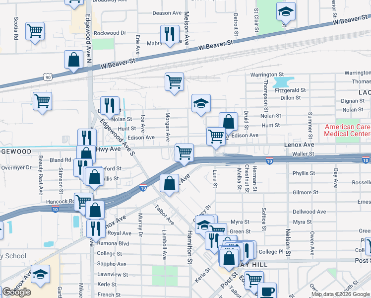 map of restaurants, bars, coffee shops, grocery stores, and more near 542 Arnau Terrace in Jacksonville