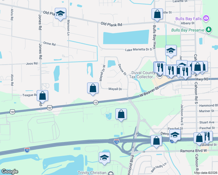 map of restaurants, bars, coffee shops, grocery stores, and more near 8588 Mayall Drive in Jacksonville