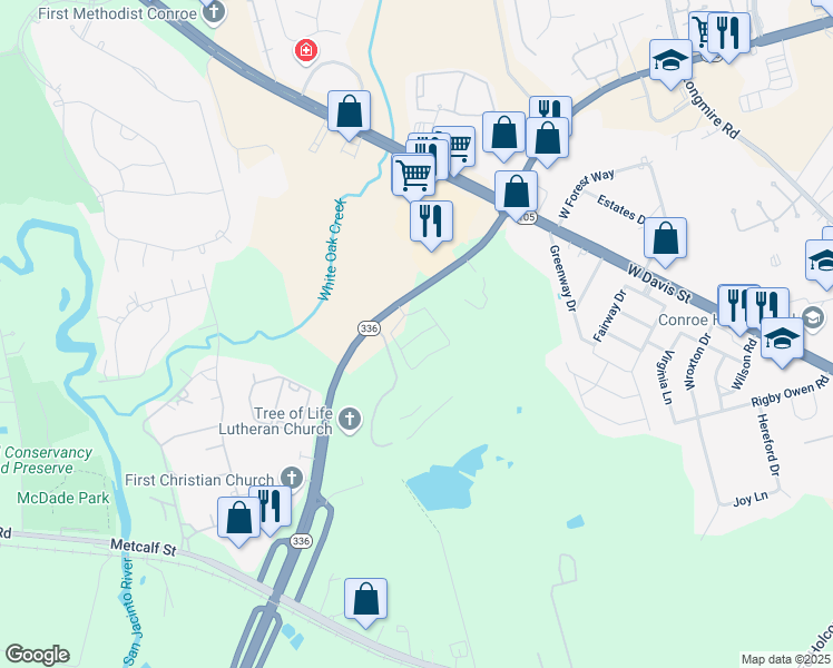 map of restaurants, bars, coffee shops, grocery stores, and more near 2951 North Loop 336 West in Conroe