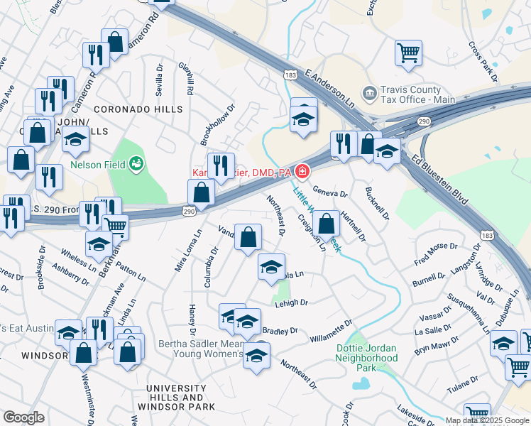 map of restaurants, bars, coffee shops, grocery stores, and more near 7240 Northeast Drive in Austin