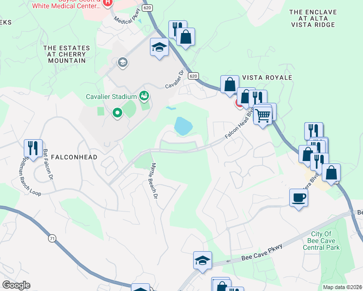 map of restaurants, bars, coffee shops, grocery stores, and more near 14800 Falcon Head Boulevard in Austin