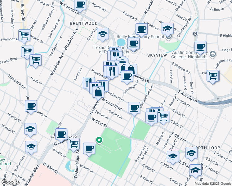 map of restaurants, bars, coffee shops, grocery stores, and more near 610 Franklin Boulevard in Austin