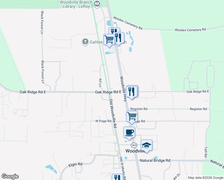 map of restaurants, bars, coffee shops, grocery stores, and more near 1720 Oak Ridge Road East in Tallahassee