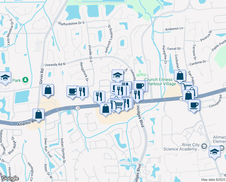 map of restaurants, bars, coffee shops, grocery stores, and more near 147 Annandale Drive East in Jacksonville