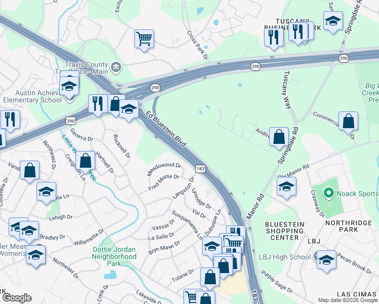 map of restaurants, bars, coffee shops, grocery stores, and more near Ed Bluestein Boulevard in Austin