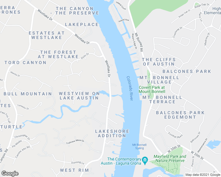 map of restaurants, bars, coffee shops, grocery stores, and more near 3407 Westlake Drive in Austin