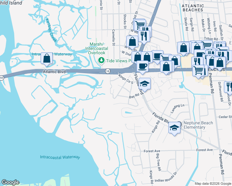 map of restaurants, bars, coffee shops, grocery stores, and more near 2117 Bay Road in Neptune Beach