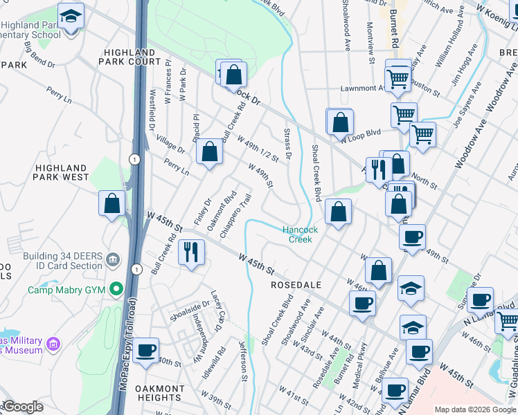 map of restaurants, bars, coffee shops, grocery stores, and more near 2608 Great Oaks Parkway in Austin