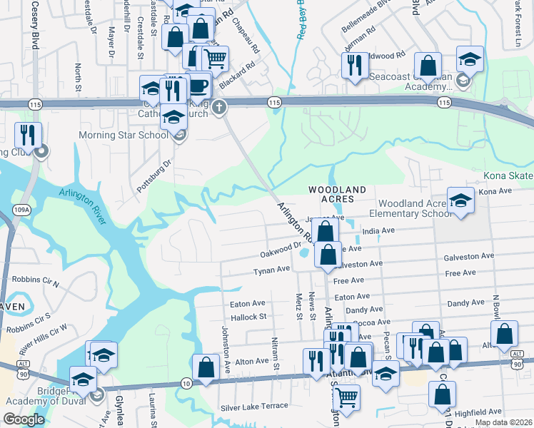 map of restaurants, bars, coffee shops, grocery stores, and more near 481 Nitram Avenue in Jacksonville