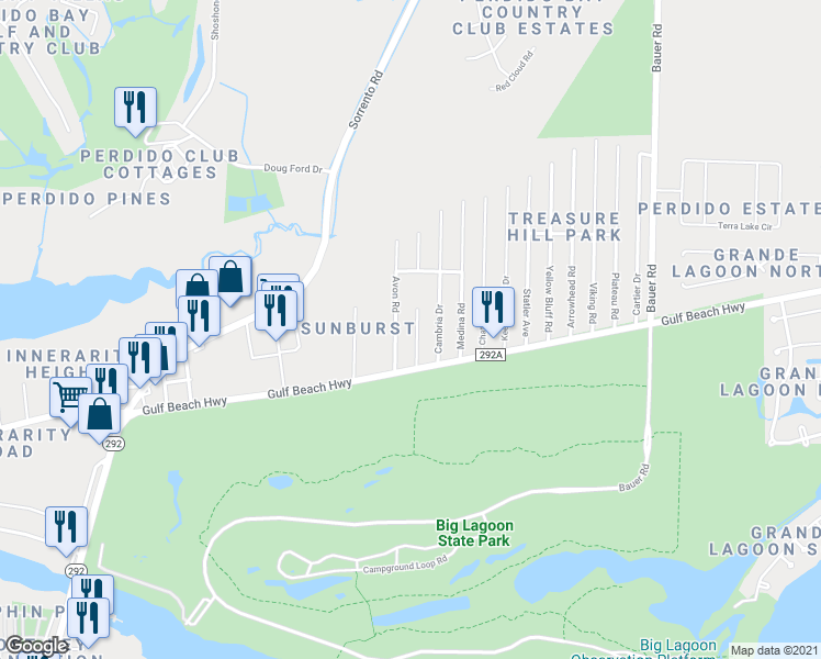 map of restaurants, bars, coffee shops, grocery stores, and more near 5435 McGrits Boulevard in Pensacola