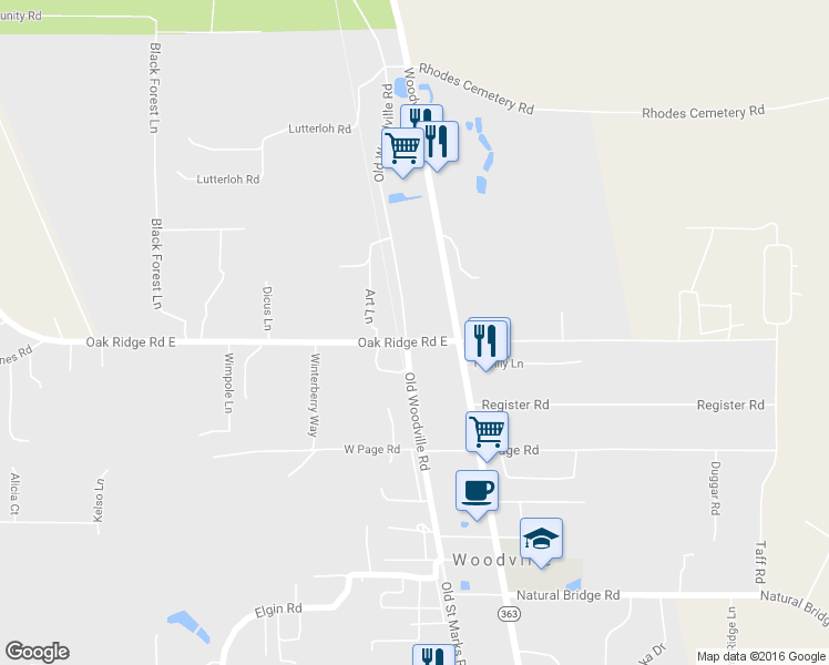map of restaurants, bars, coffee shops, grocery stores, and more near 1720 Oak Ridge Road East in Tallahassee