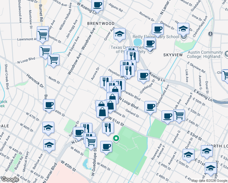 map of restaurants, bars, coffee shops, grocery stores, and more near 5400 North Lamar Boulevard in Austin