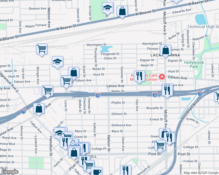 map of restaurants, bars, coffee shops, grocery stores, and more near 572 Nelson Street in Jacksonville