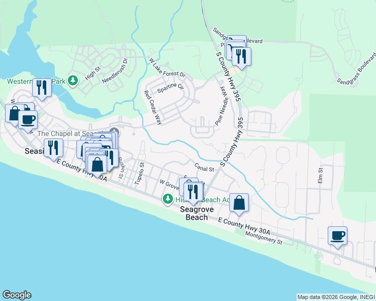 map of restaurants, bars, coffee shops, grocery stores, and more near 155 Canal Street in Santa Rosa Beach