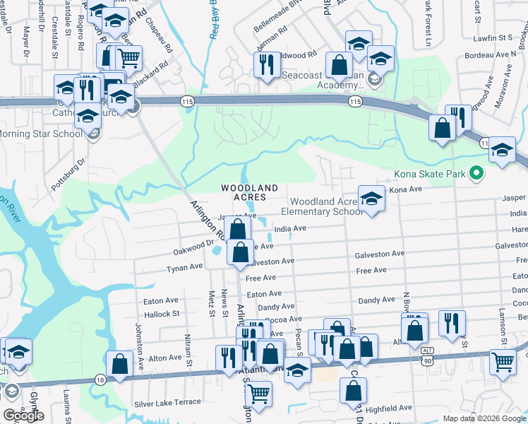 map of restaurants, bars, coffee shops, grocery stores, and more near 7703 Jasper Avenue in Jacksonville