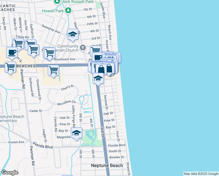 map of restaurants, bars, coffee shops, grocery stores, and more near 205 Walnut Street in Neptune Beach