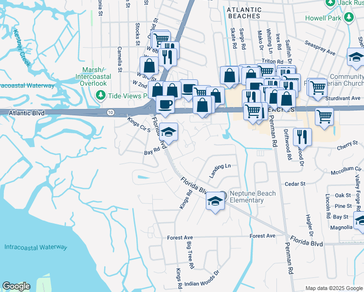 map of restaurants, bars, coffee shops, grocery stores, and more near 2000 Poinciana Road in Neptune Beach
