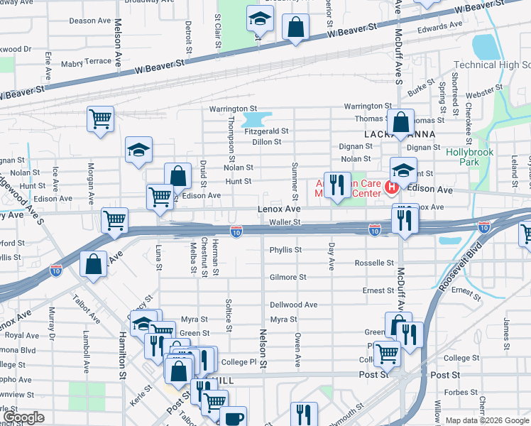 map of restaurants, bars, coffee shops, grocery stores, and more near 572 Nelson Street in Jacksonville