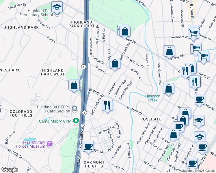 map of restaurants, bars, coffee shops, grocery stores, and more near 4507 Finley Drive in Austin