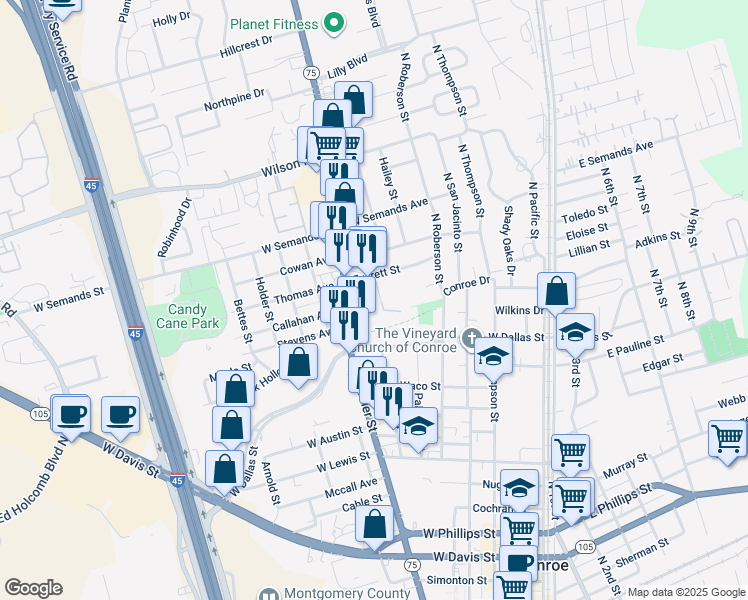 map of restaurants, bars, coffee shops, grocery stores, and more near 1301 Houston Street in Conroe