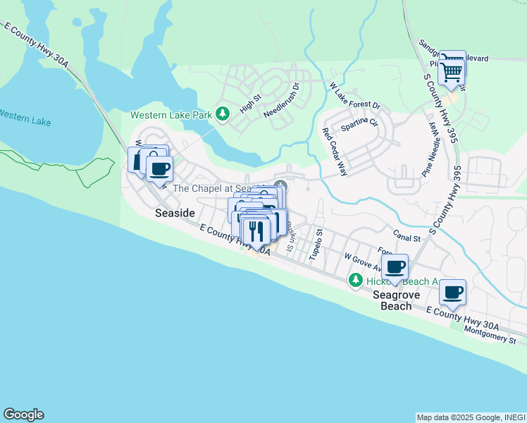 map of restaurants, bars, coffee shops, grocery stores, and more near 109 East Ruskin Street in Santa Rosa Beach