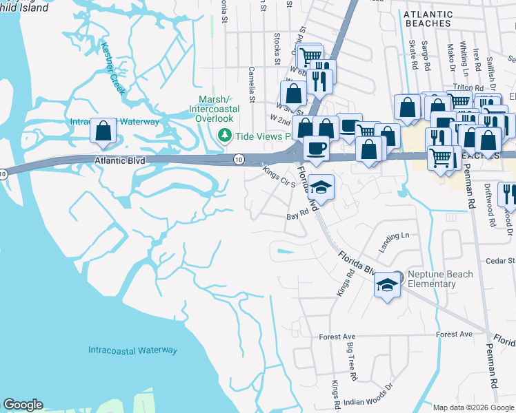 map of restaurants, bars, coffee shops, grocery stores, and more near 2117 Bay Road in Neptune Beach