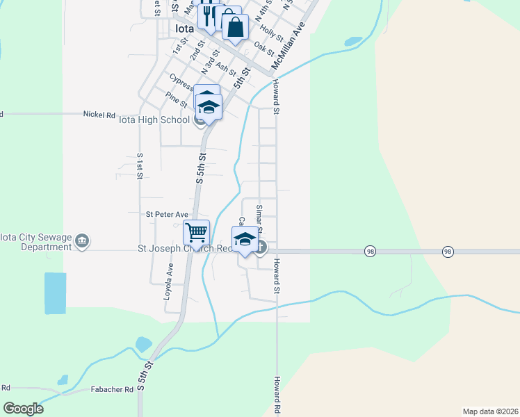 map of restaurants, bars, coffee shops, grocery stores, and more near 716 Simar St in Iota