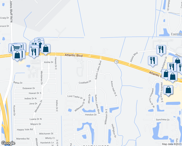 map of restaurants, bars, coffee shops, grocery stores, and more near 1692 Hudderfield Circle East in Jacksonville