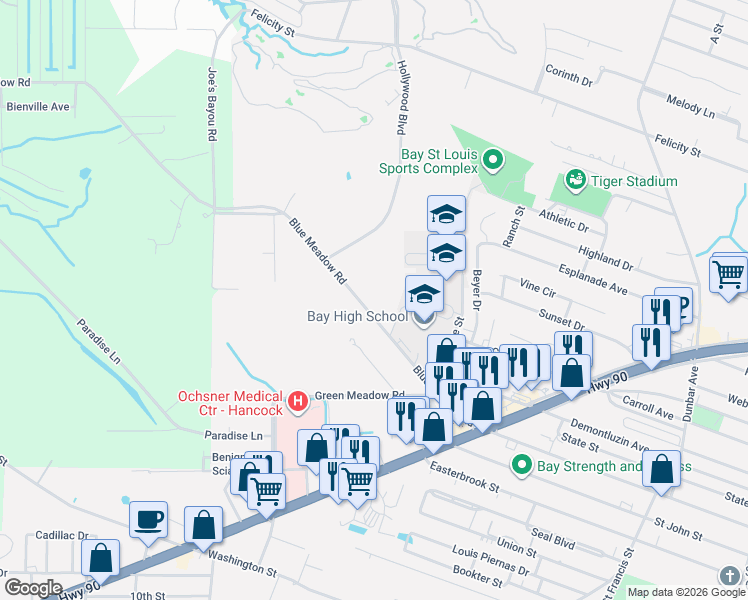 map of restaurants, bars, coffee shops, grocery stores, and more near 844 Blue Meadow Road in Bay Saint Louis