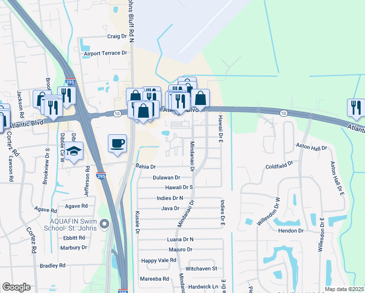 map of restaurants, bars, coffee shops, grocery stores, and more near 1700-1 Mindanao Ap in Jacksonville
