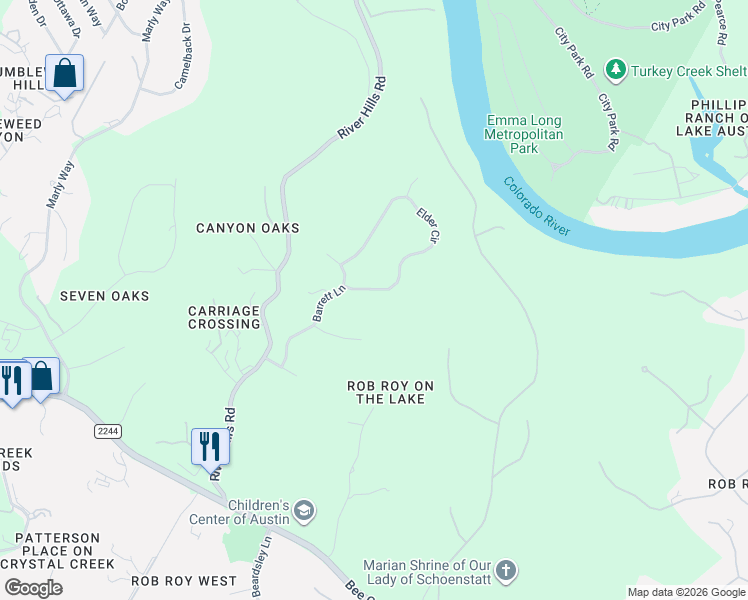 map of restaurants, bars, coffee shops, grocery stores, and more near 705 Elder Circle in Austin
