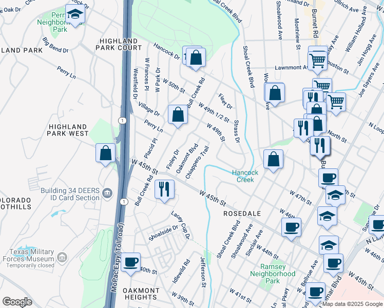 map of restaurants, bars, coffee shops, grocery stores, and more near 4701 Finley Drive in Austin