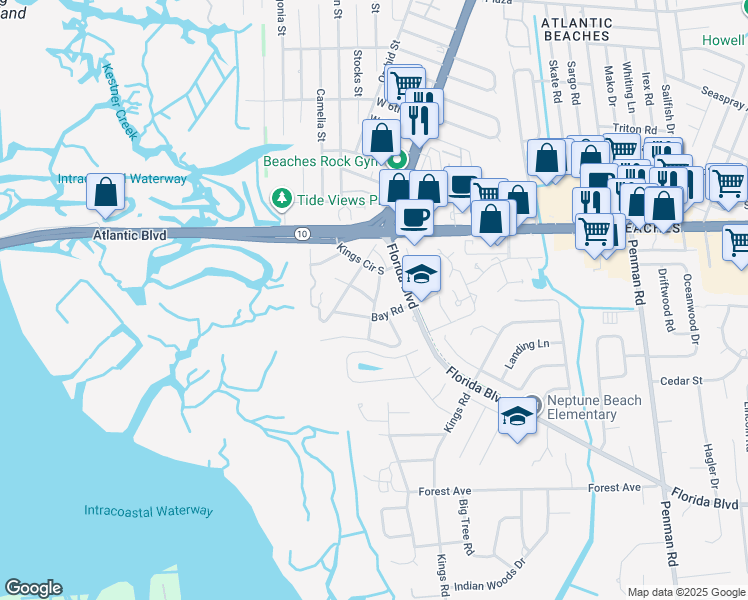 map of restaurants, bars, coffee shops, grocery stores, and more near 2156 Oleander Place in Neptune Beach